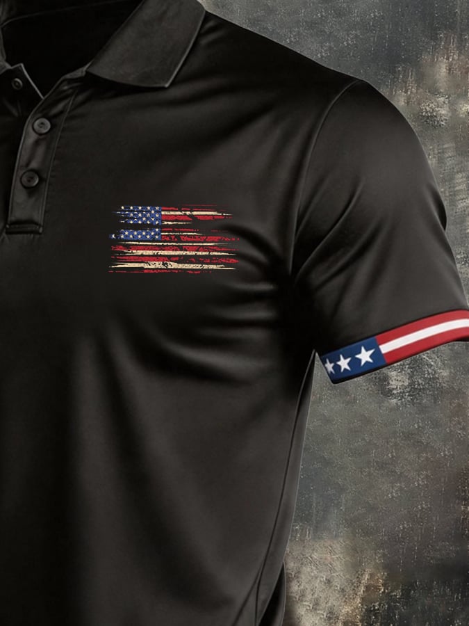 Men's Retro Patriotic Color-Block Short-Sleeve Polo Shirt