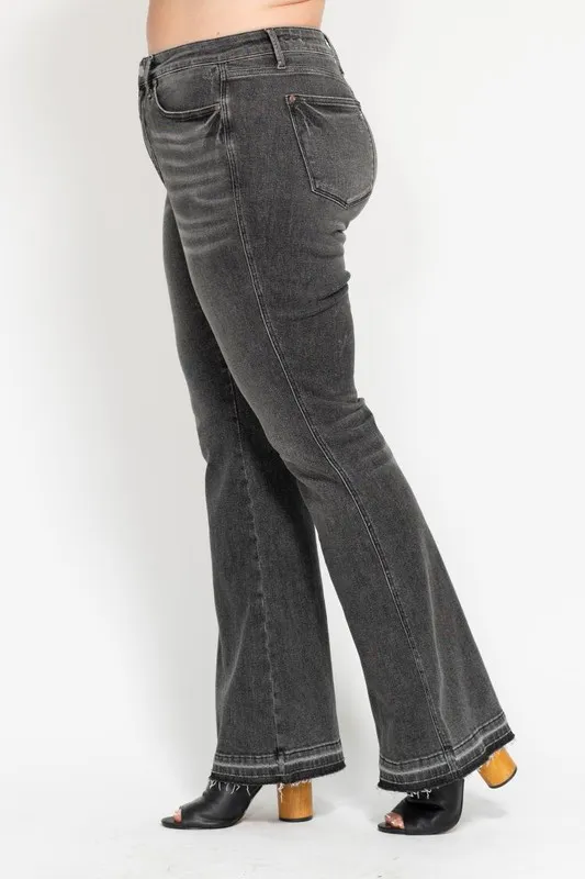Blue Full Size Midi Rise Tummy Control Washed Gray Release Hem Flare Jeans Plus Size