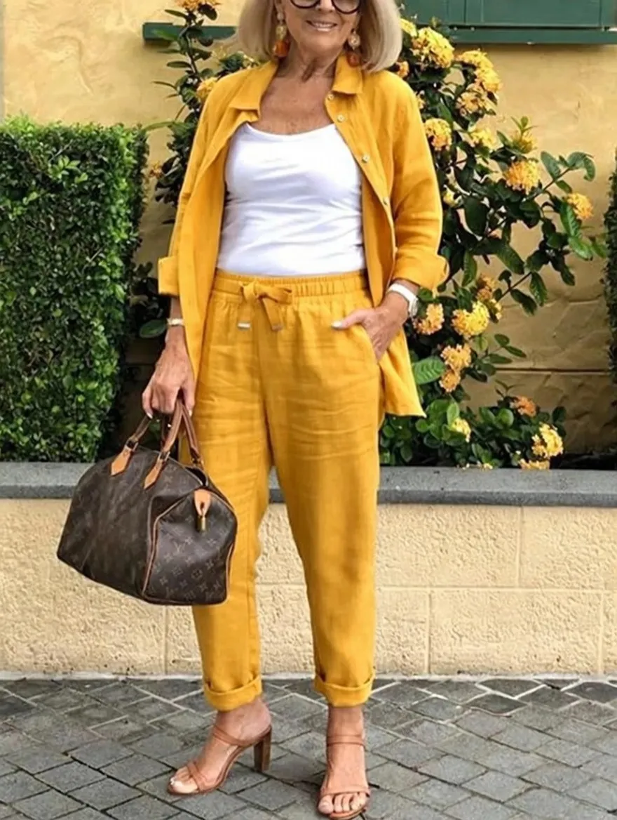 Solid Cotton Linen Women Suits  Casual