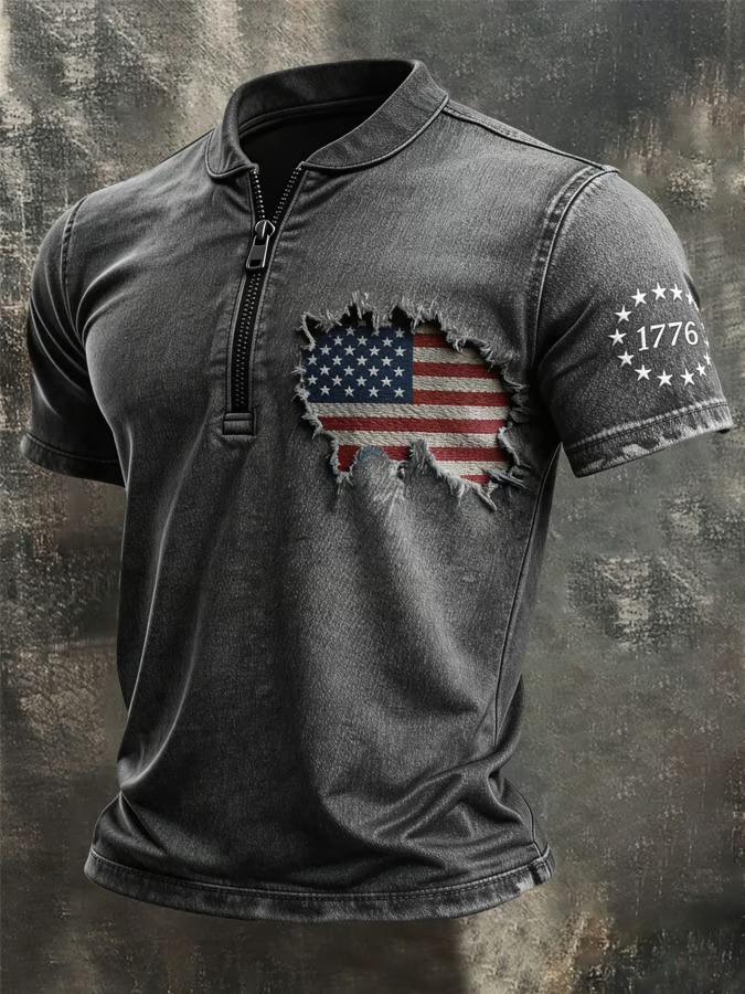 Men's Retro 100% Cotton Washed Broken American Flag Zipper T-shirt