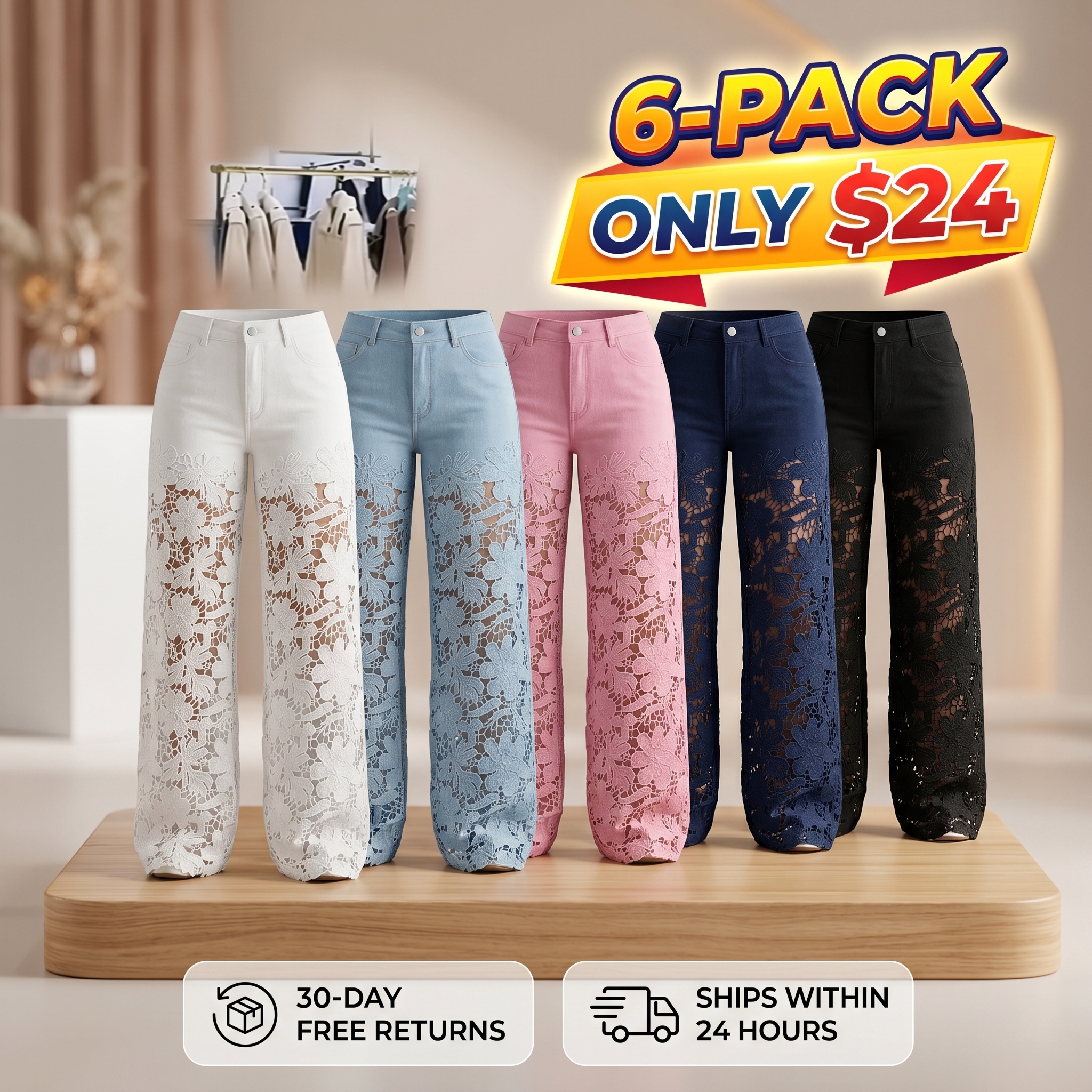 ChicMe Guipure Lace Spliced High Waist Zipper Fly Wide Leg Washed Jeans