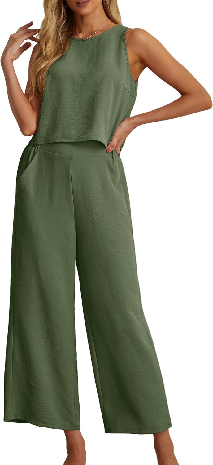 Women's Summer 2 Piece Outfits Set Round neck Sleeveless Tank Crop Top Wide Leg pants Set Pockets Jumpsuits