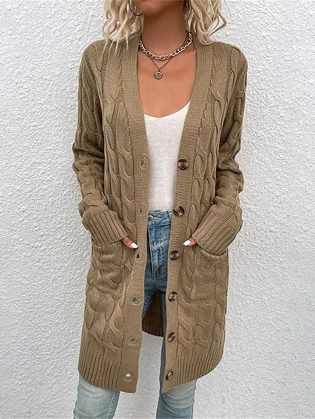 Women's Cardigan Sweater Cowl Cable Knit Faux Fur Button Pocket Summer Fall Long Daily Holiday Going out Stylish Casual Soft Long Sleeve Solid Color Black Yellow Light Green S M L