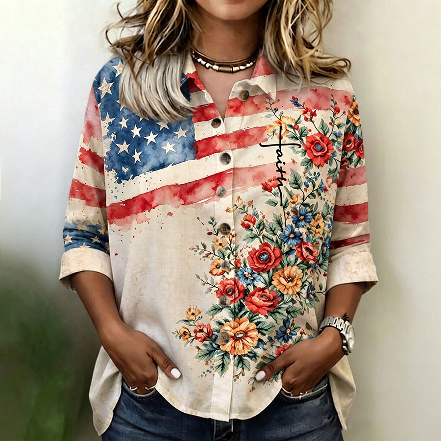 Women'S Retro Independence Day Floral Flag Printed Cotton Linen Shirt