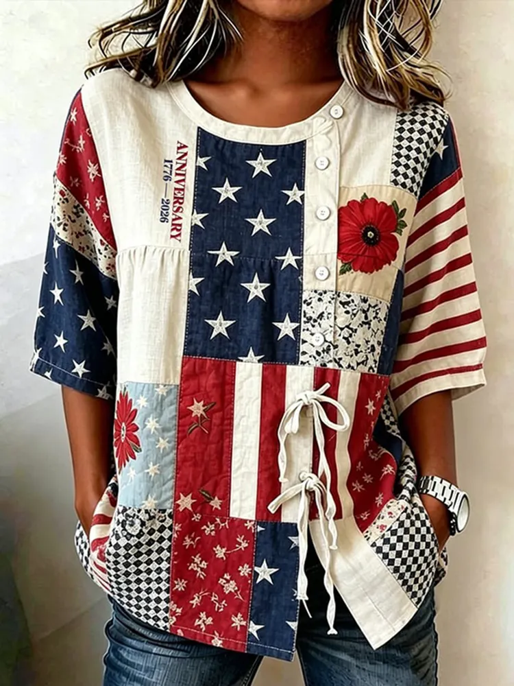 Women'S Retro Independence Day Flag Art Casual Short Sleeved Shirt