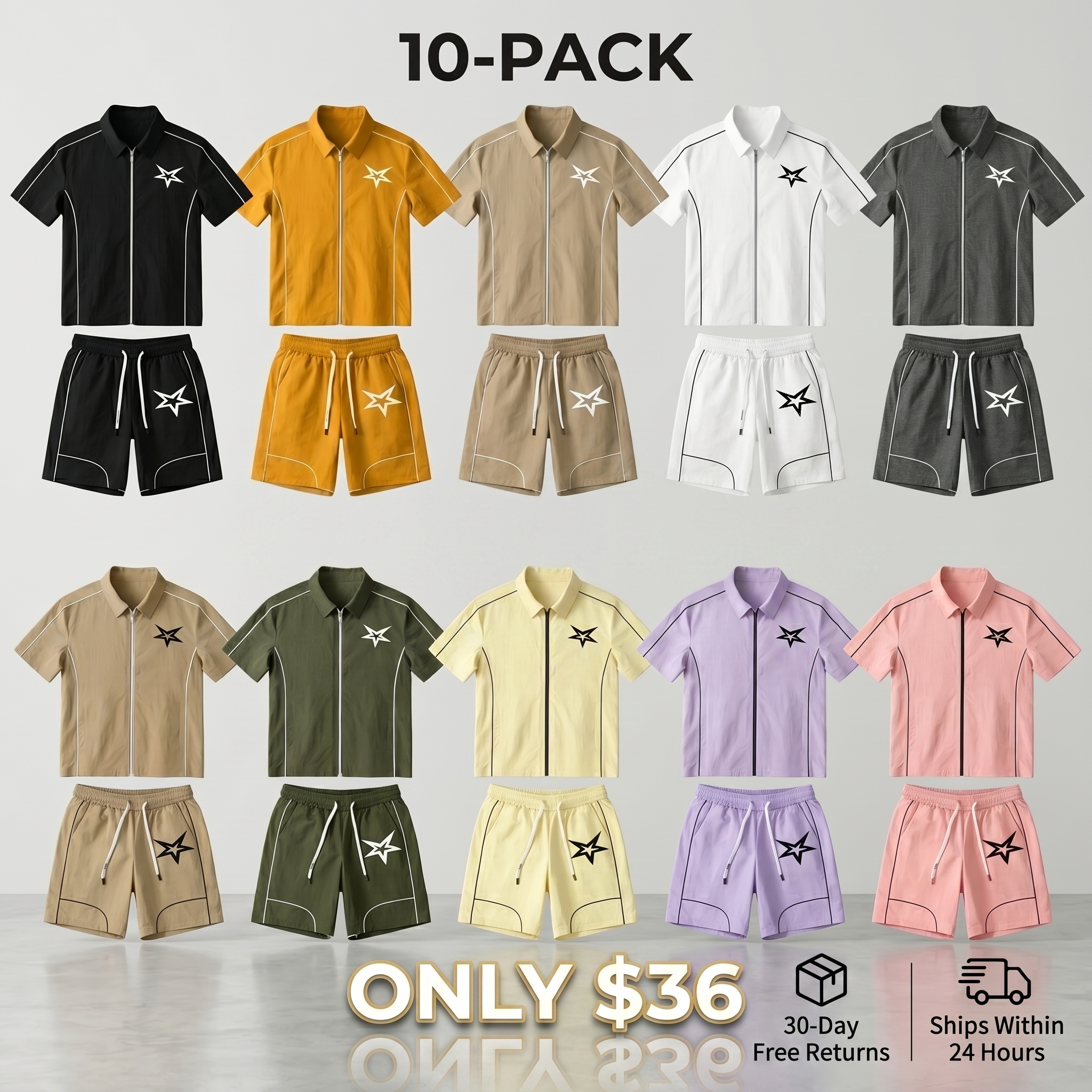 Star-Patterned Casual Set: Short-Sleeve Zip Shirt + Gym Shorts (2-Piece Set)