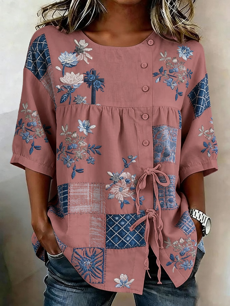 Women'S Faith Flower Art Printed Cotton Linen Casual Shirt