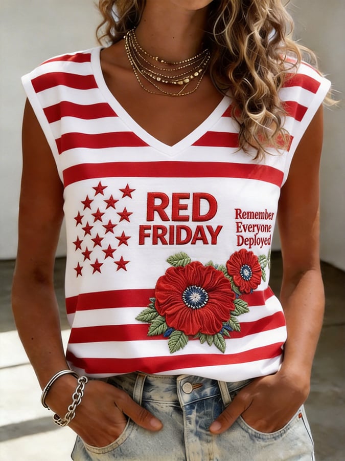 Women's Red Friday Printed V-neck Vest