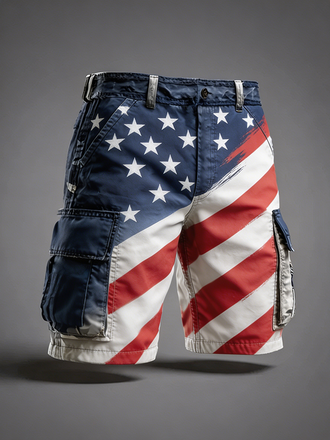 Men's Patriotic Brushstroke American Flag Print Cargo Shorts