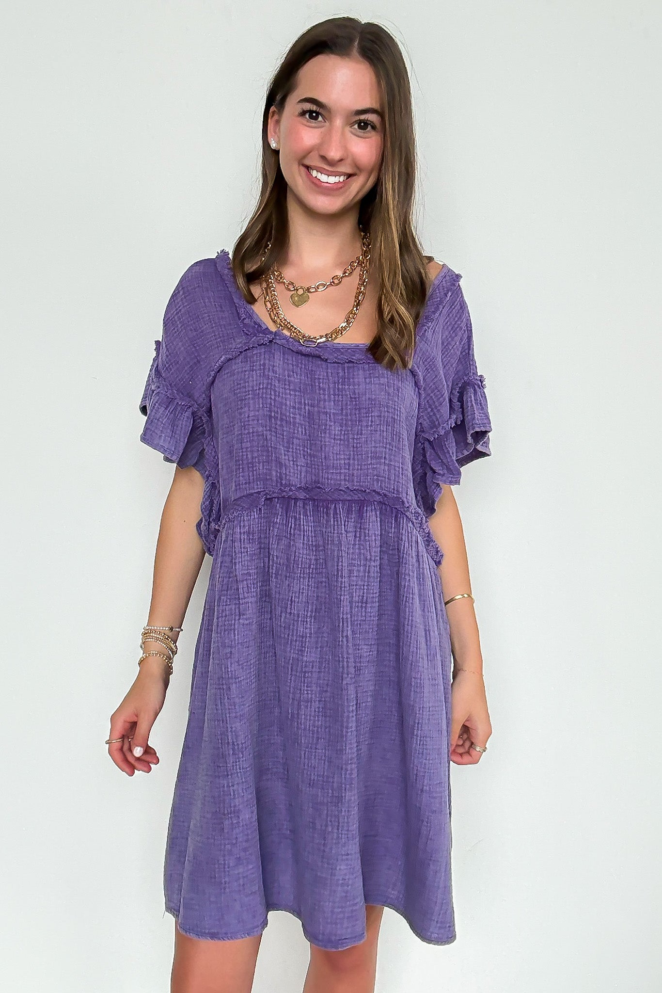 Mineral Washed Square-Neck Ruffle Sleeve Dress