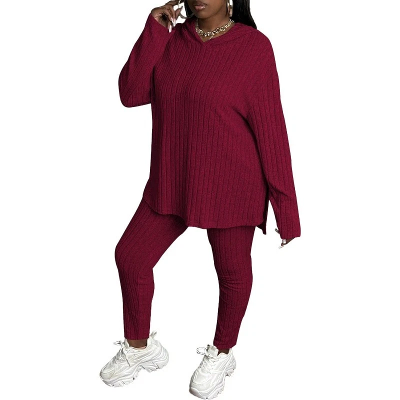 [Plus Size]Women's Two-Piece Set Solid Textured Ribbed Drop Shoulder Hoodie & Elastic Waist Pants, Casual Fashion Cozy Ribbed Outfits