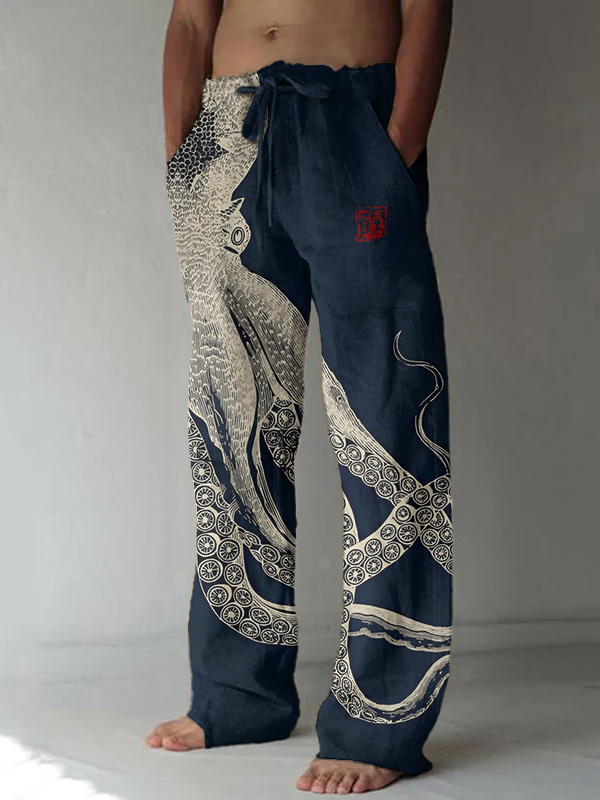 Men's Octopus Japanese Lino Print Casual Pants