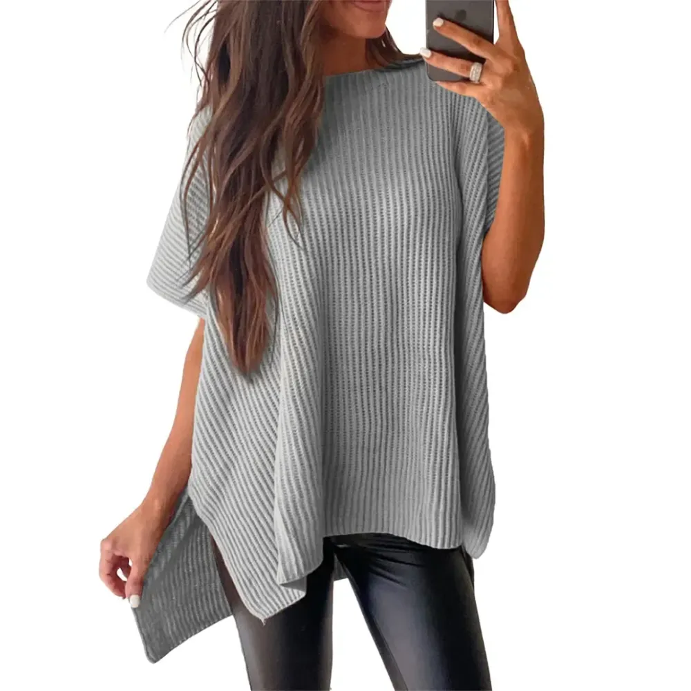 2026 Spring/Summer Oversized Cozy Ribbed Knit Top Women’s Crew Neck Short Sleeve Pullover Elegant Solid