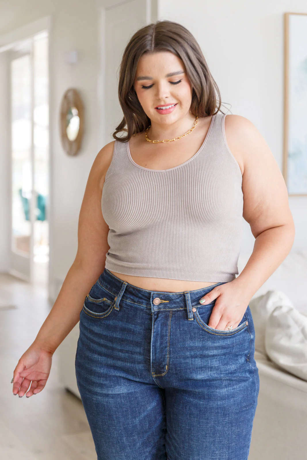 Ribbed Seamless Reversible Tank in Light Mocha