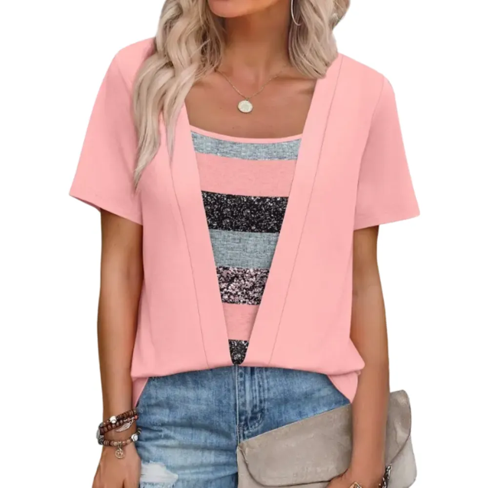 🔥8-PACK $24 - Women's 2-in-1 Short Sleeve Summer Casual Blouse