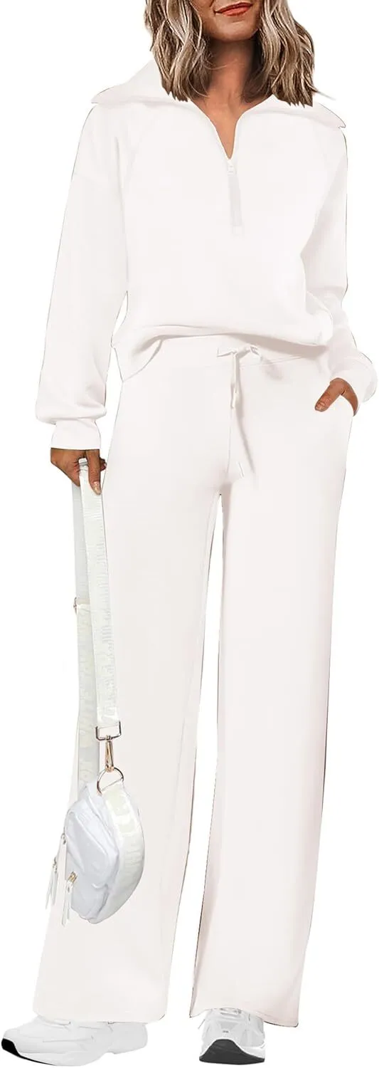 🔥Final Day Clearance!🛒Women's 2 Piece Outfits Casual Lapel Half Zip Sweatshirts And Wide Leg Pants Tracksuit Sets🔥8-PACK ONLY $28🔥