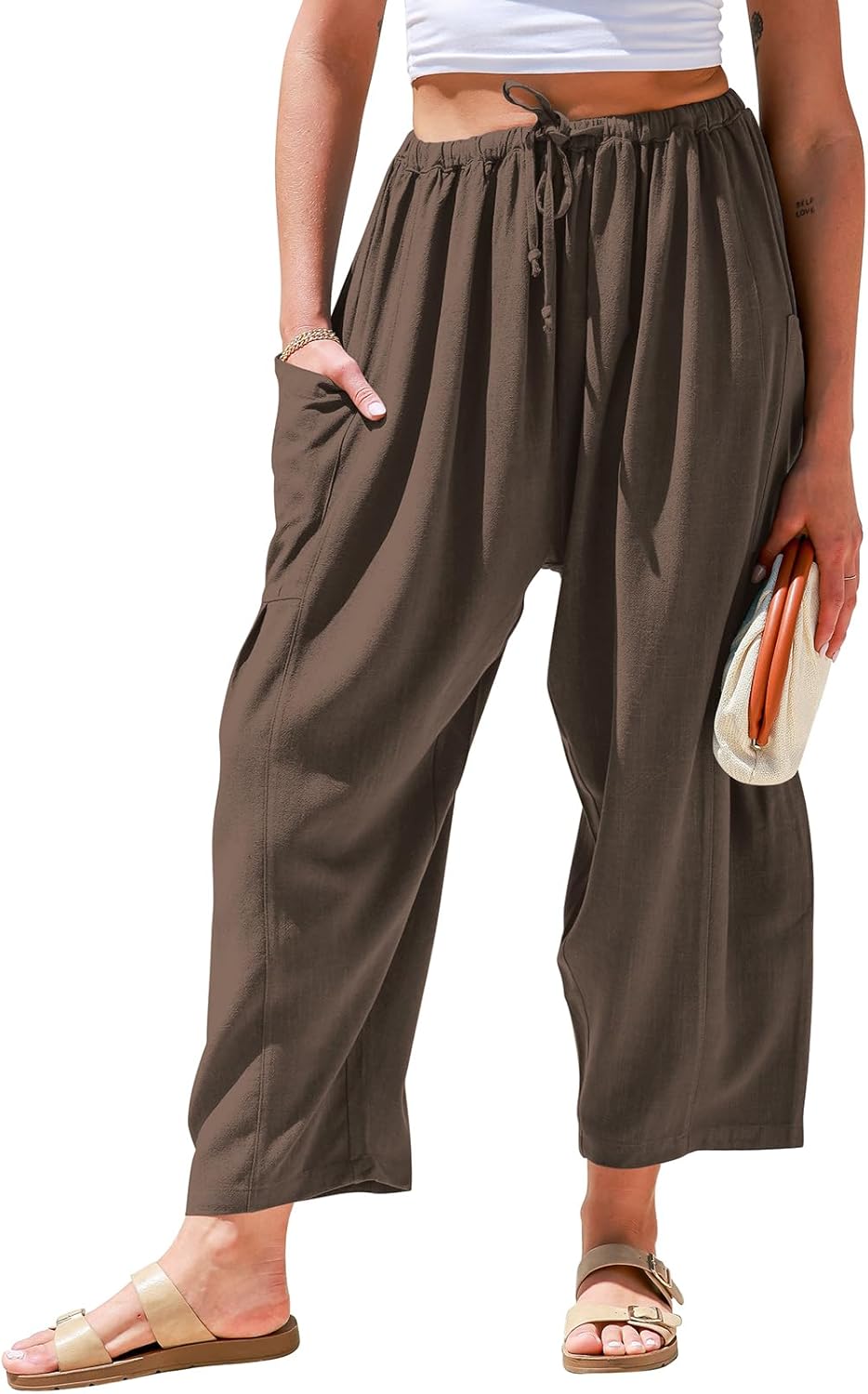 Womens Linen Wide Leg Pants Casual Loose Drawstring Summer Beach Travel Vacation Palazzo Harem Pants with Pockets