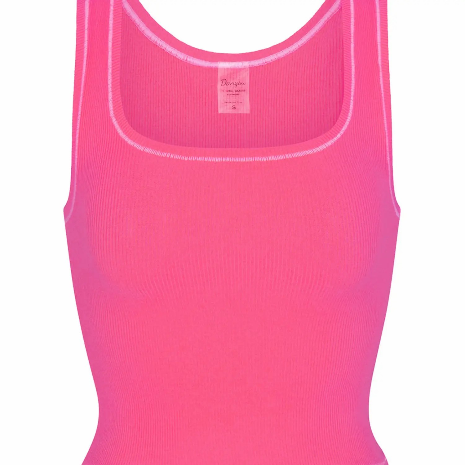 Women Rib Tank Top Padded Workout Top Square Neck Crop Tank Fitted Basic Cami Tops