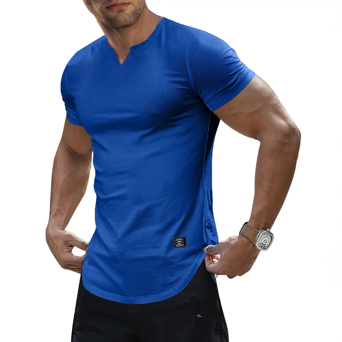 Men's Solid-Color Slim-Fit Long V-Neck T-Shirt