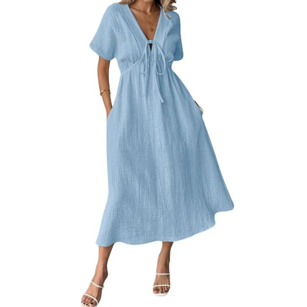 Women's Summer Solid-Color V-Neck Cotton Dress