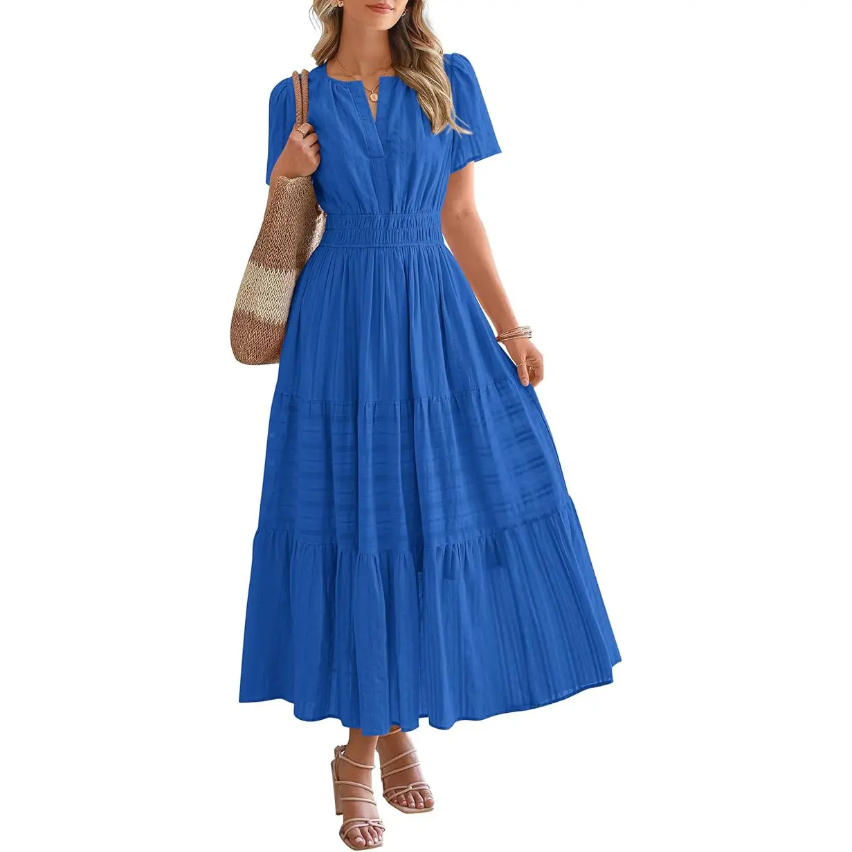Women's Casual V-Neck Boho Maxi Dress with Pockets