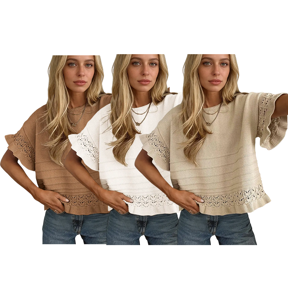 Womens Short Sleeve Sweater Round Neck Ruffled Hem Knit Crochet Pullover Casual Top Blouse Springfresh Summer Outfit Summervibes