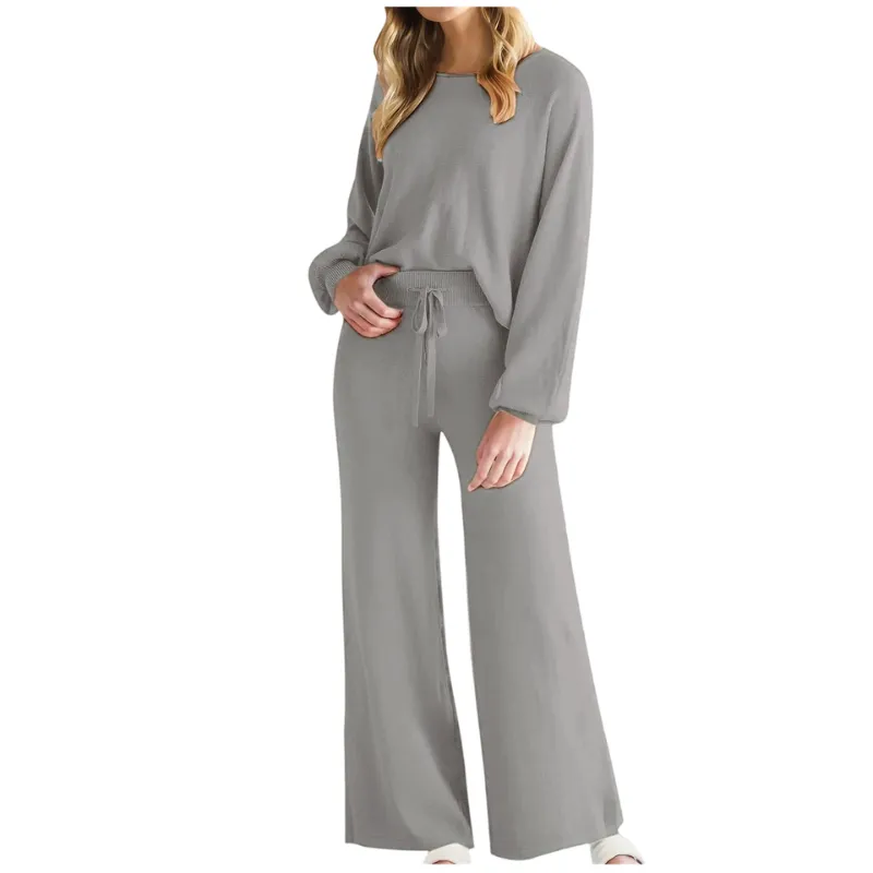 Womens Fall Winter Casual Solid Knitted 2 Piece Sets Long Sleeve