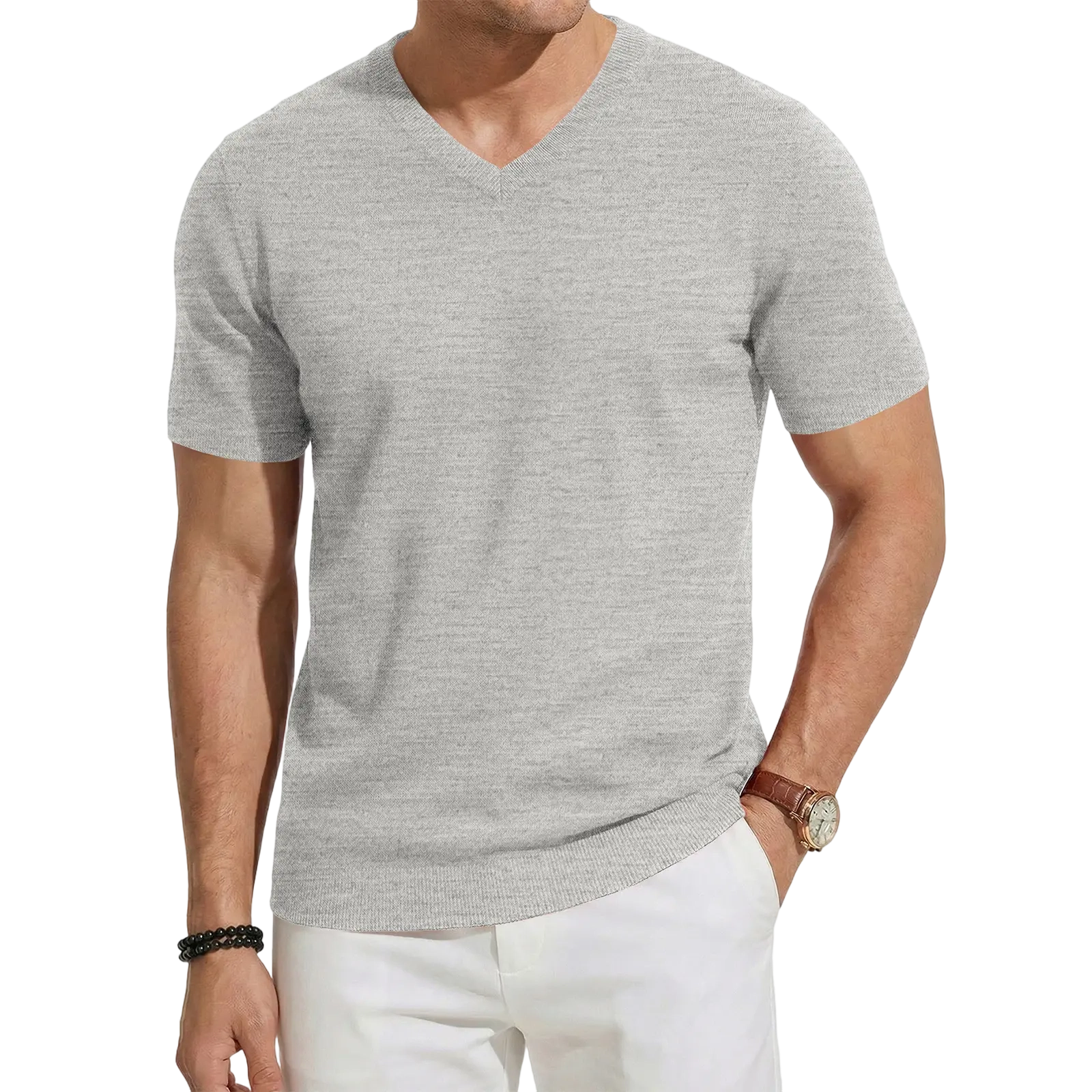 Men's Wool Blend Short Sleeve V-Neck Sweater Soft Textured Knit Pullover for Business Casual Wear
