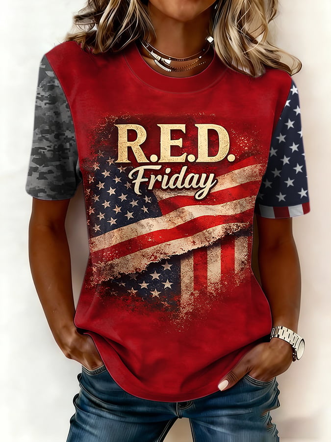 Women's Casual Red Friday Print Short-Sleeve T-Shirt