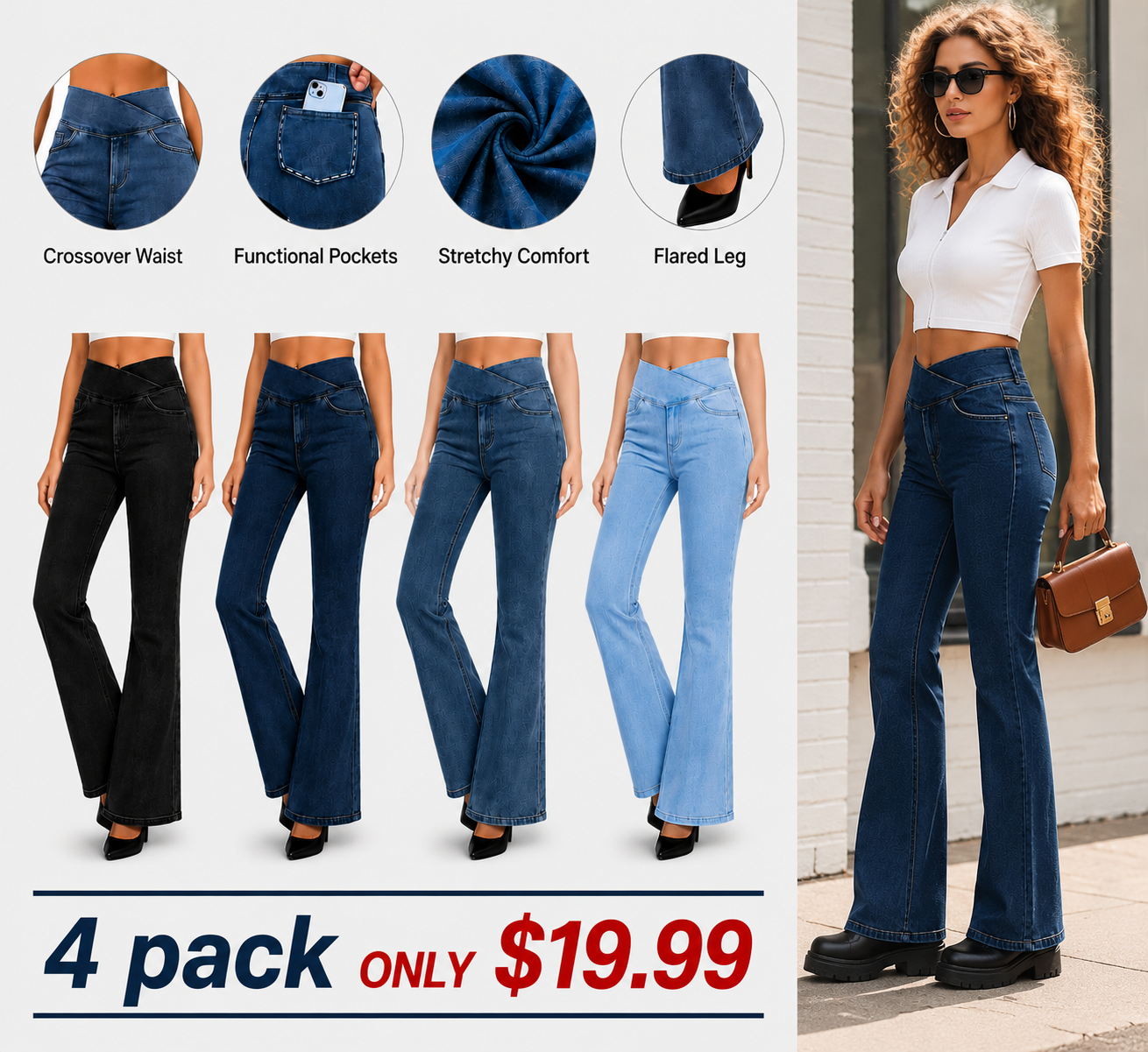 Women's High-Waisted Stretch Jeans with Crossover Design — Slim-Fit Flared Denim Leggings