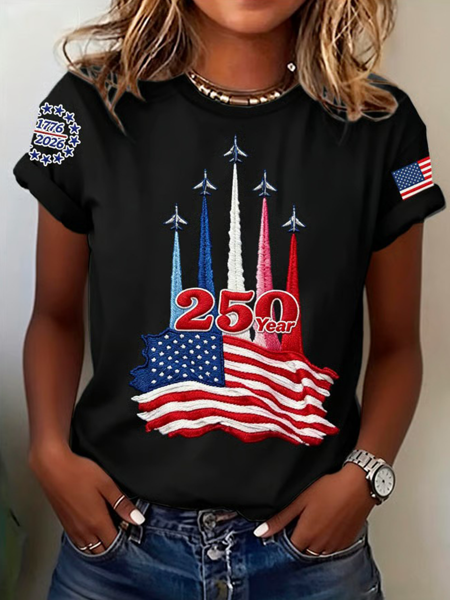Ladies' Casual American 1776-2026 Anniversary Celebration Print Round Neck T-Shirt