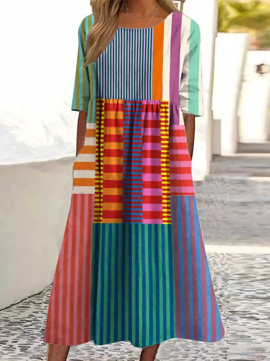 Women's Vintage Geometric Pattern Art Print Cotton Dress