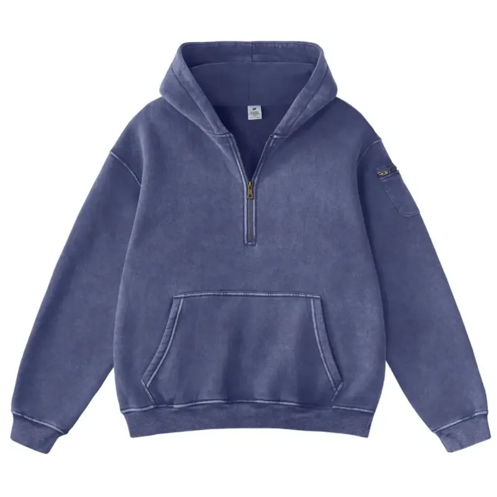 Unisex Vintage Acid Washed Half Zip Fleece Hoodie