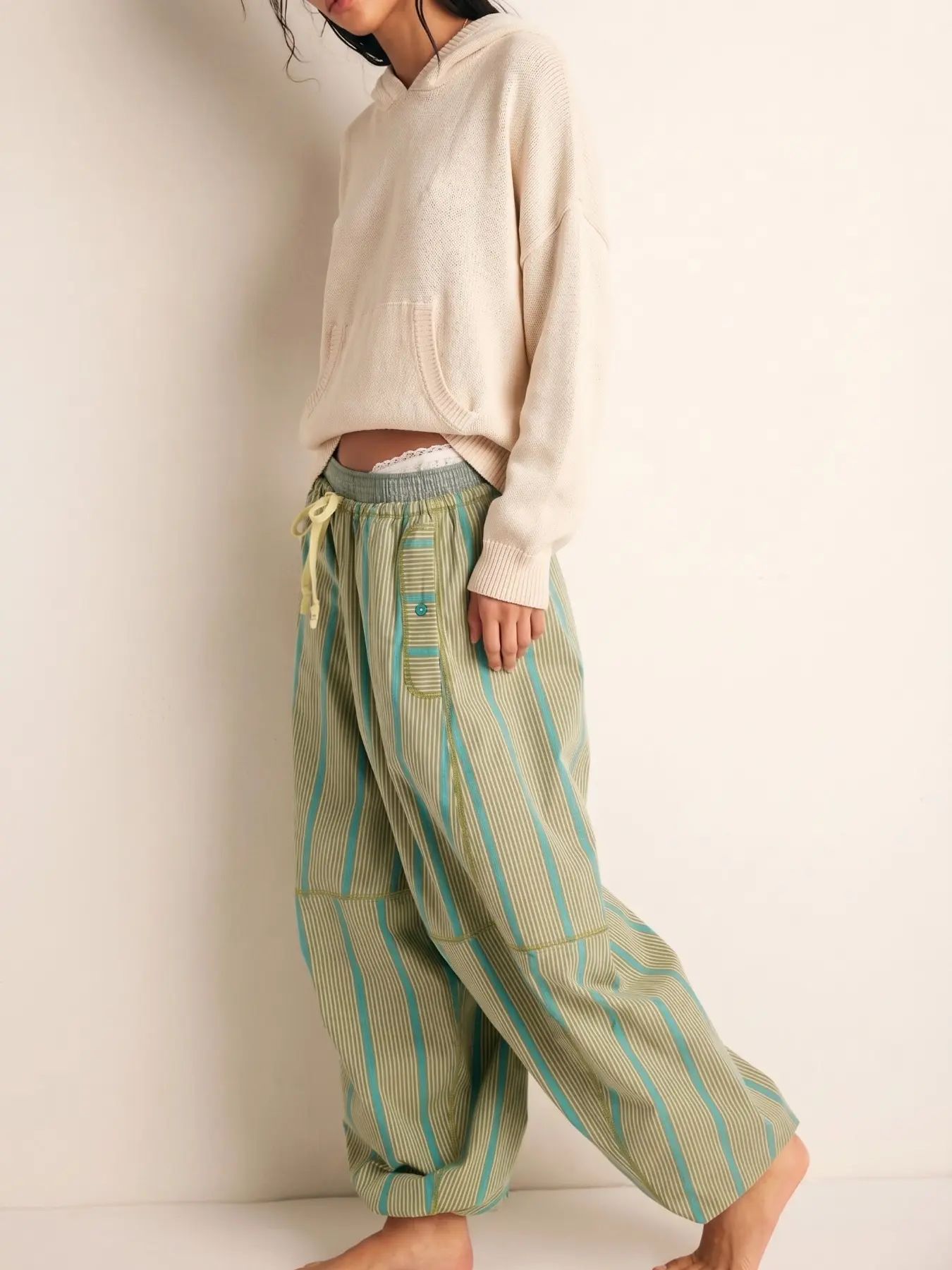 🔥LAST DAY SALE 90% OFF💕Striped Wide Leg Pants, pumpkin pants,Millennial Style Loose Fit Drawstring Waist