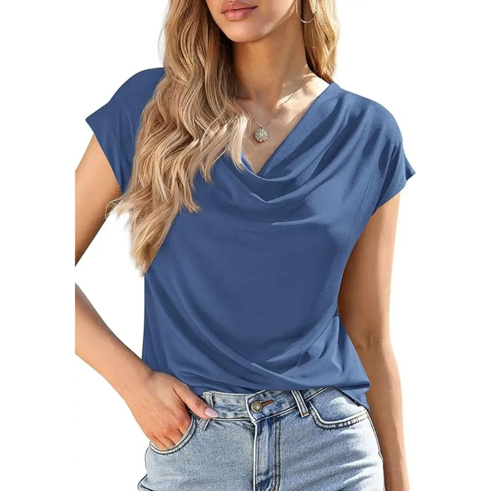 Women's Cowl-Neck Short-Sleeve Top — Elegant Casual Wear, Summer Shirt