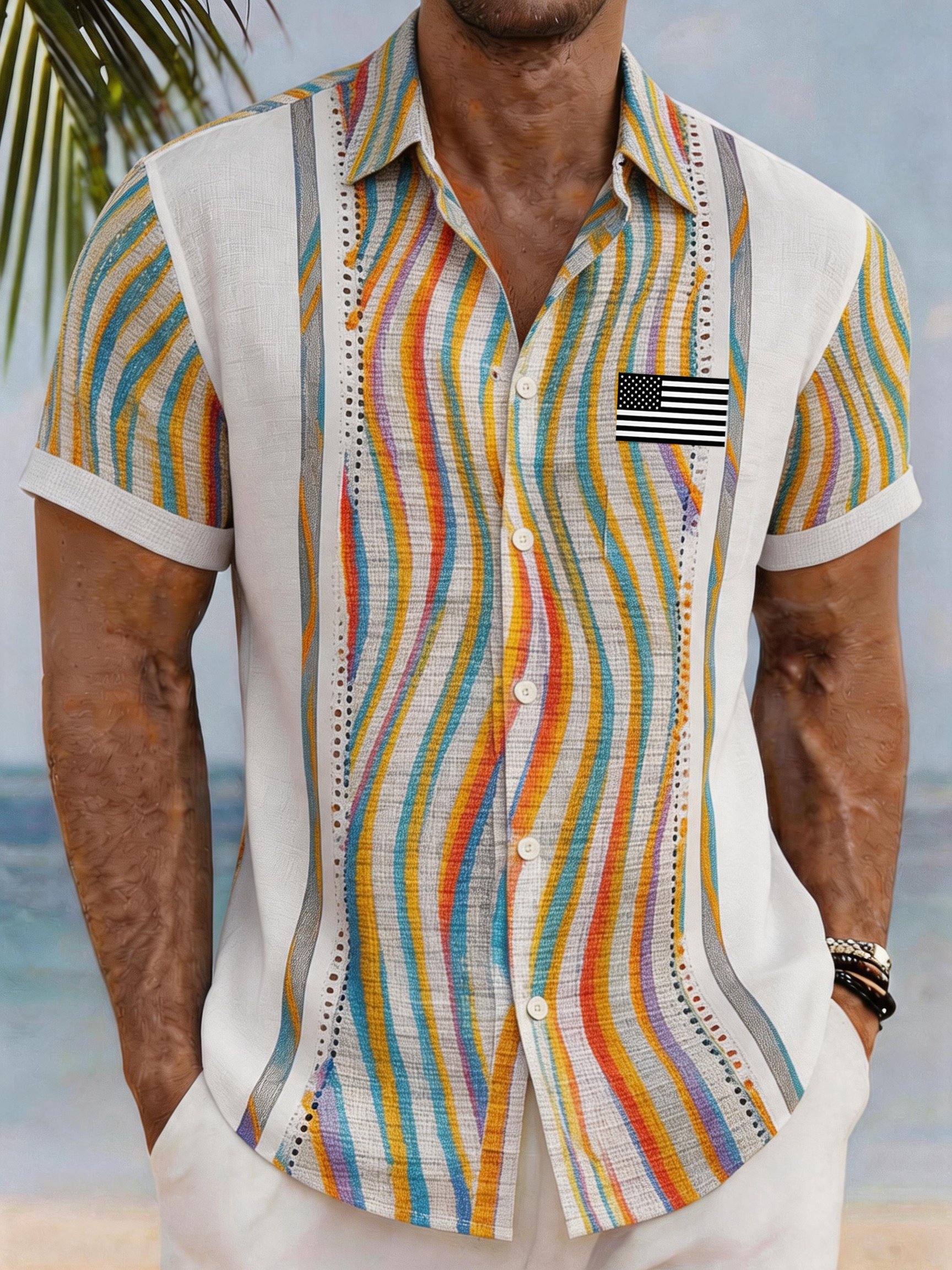 Men's Casual Vacation Patriotic Shirt with Flag Color-Blocking