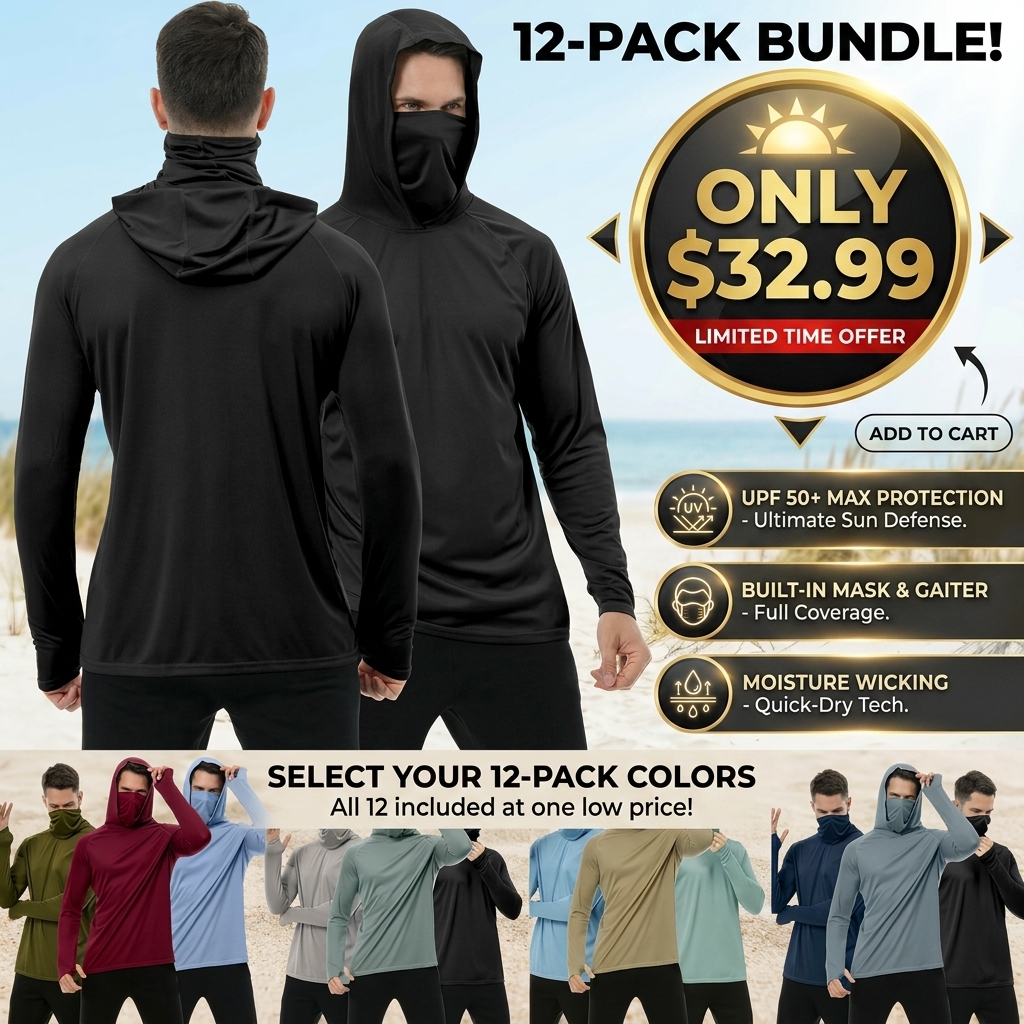 💥 LESS THAN $3 EACH-☀️Men’s UPF 50+ Sun Protection HoodedShirt with Face Mask