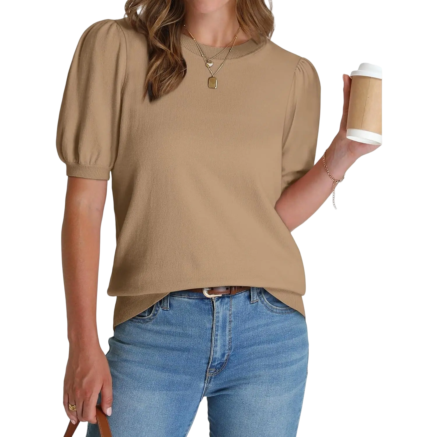 Women's Puff Short Sleeve Lightweight Knit Top Soft Breathable