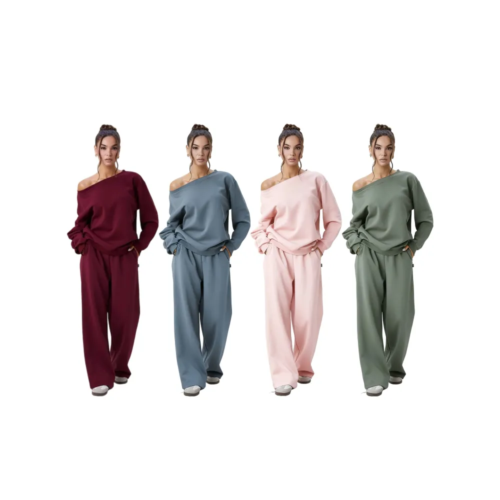🔥8-PACKS 🔥Women's Leisure Solid Color Sloping Shoulder Long Sleeve Top & Wide Leg Trousers