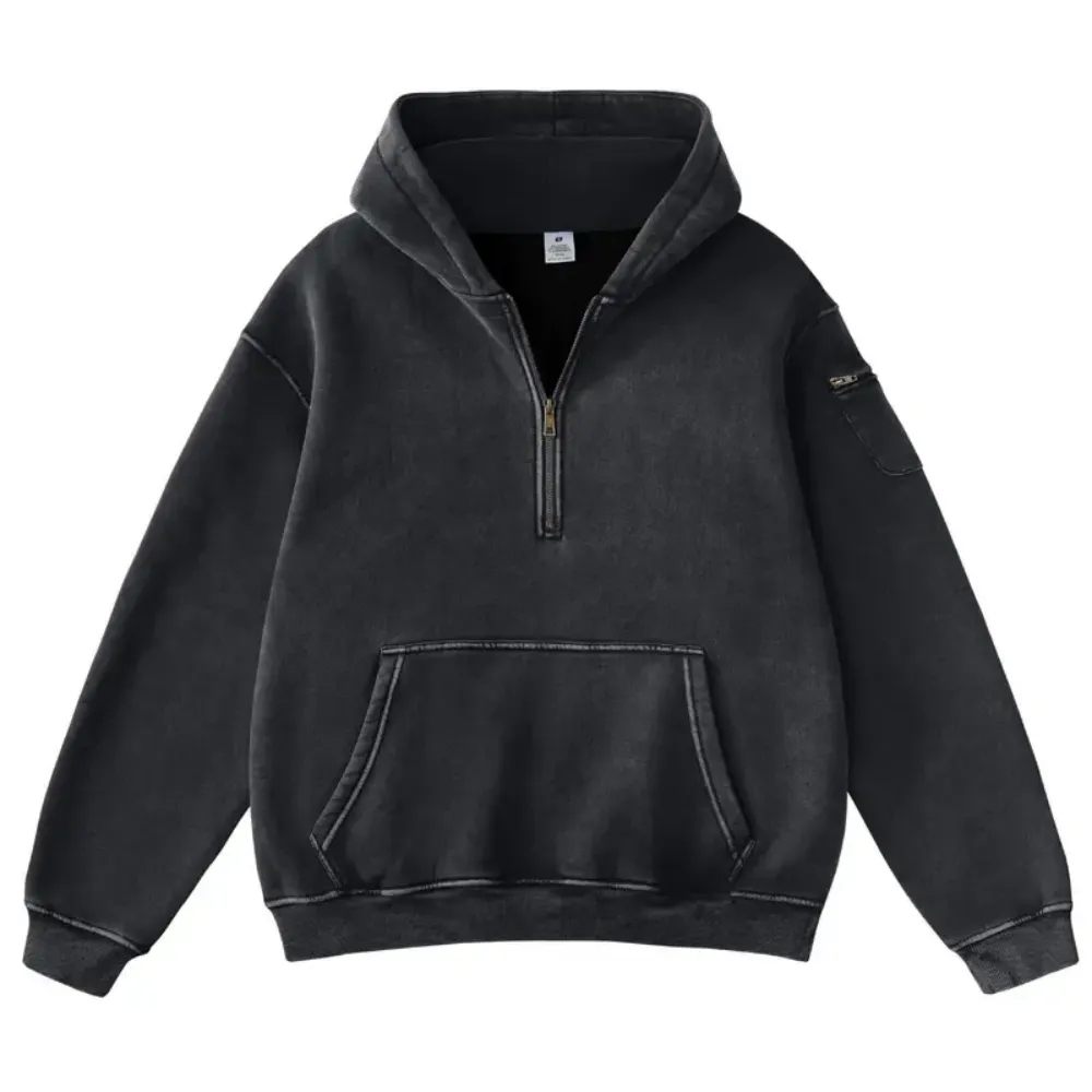 Unisex Vintage Acid Washed Half Zip Fleece Hoodie