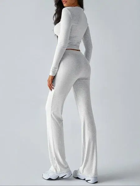 Two-Piece Set Women's Solid Color Long Sleeve Crop Tee & High-Waisted Drawstring Pants Set