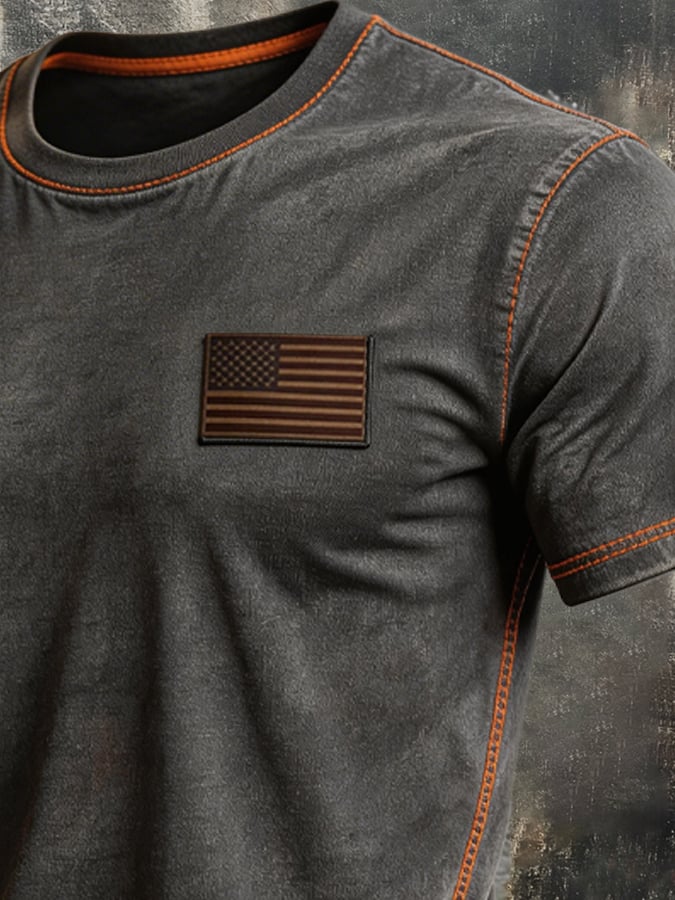 Men's Vintage-Style Washed Cotton T-Shirt with Contrast Stitching