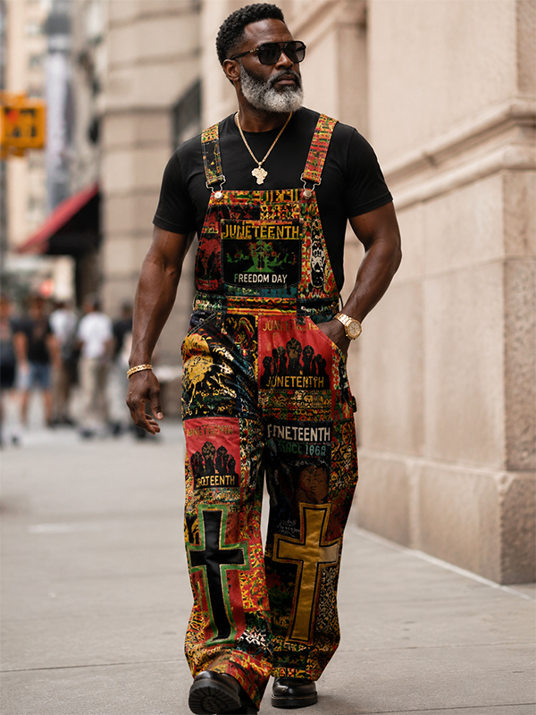 Men's Juneteenth Freedom Day Patchwork African American Print Overalls Jumpsuit