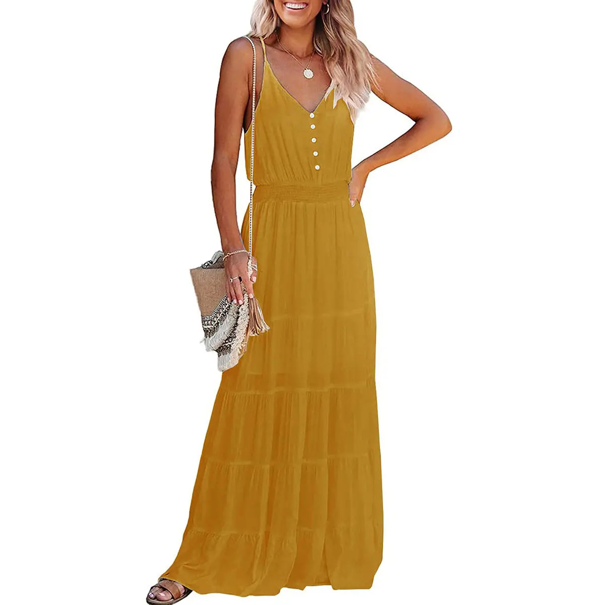 Women's Casual Summer Dress Spaghetti Strap Sleeveless High Waist Beach Long Maxi Sun Dresses