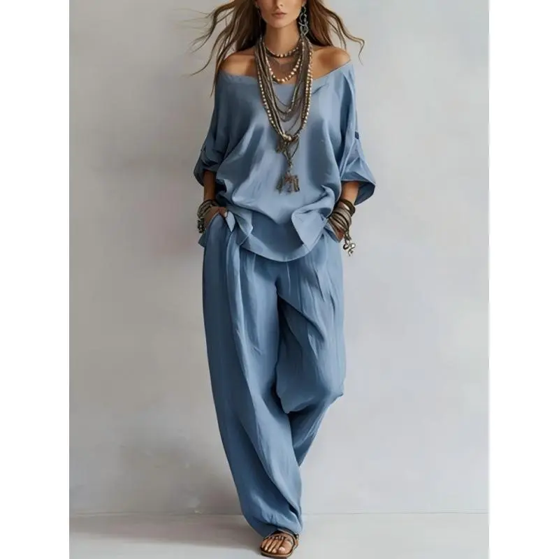 Women's 2-Piece Set, Summer New Casual Elegant Commuting Outfit with Loose 7-Quarter-Sleeved Top and Wide-Leg Pants