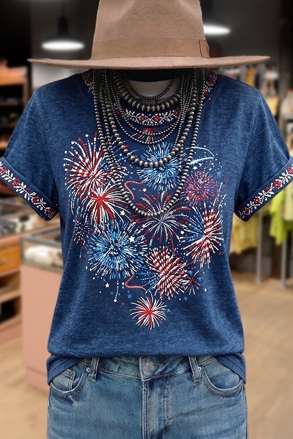Vintage Patriotic Fireworks Print Round Neck Cotton T-Shirt