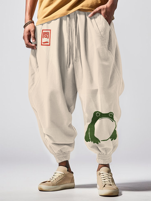 Men's Cute Frog Japanese Lino Art Painting Printed Loose Drawstring Sweatpants