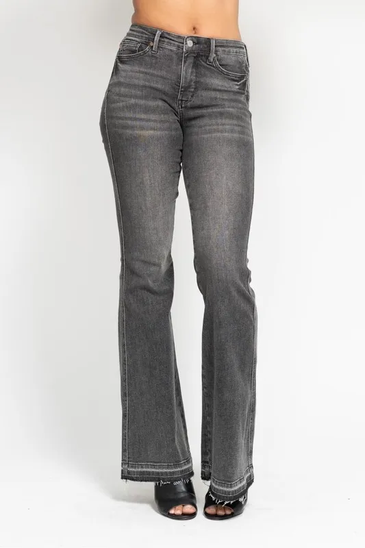 Blue Full Size Midi Rise Tummy Control Washed Gray Release Hem Flare Jeans Plus Size