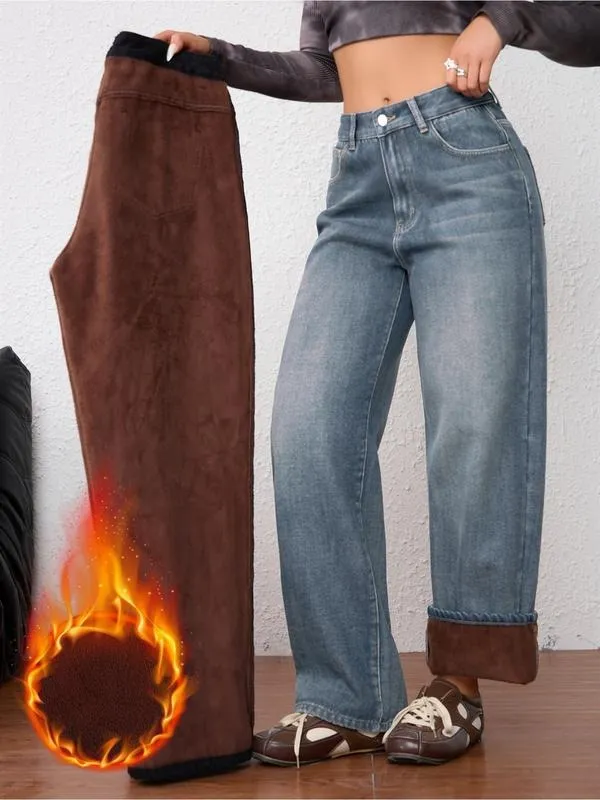 Women's Vintage Fleece-Lined Thickened Fall Winter Wide Leg Jeans