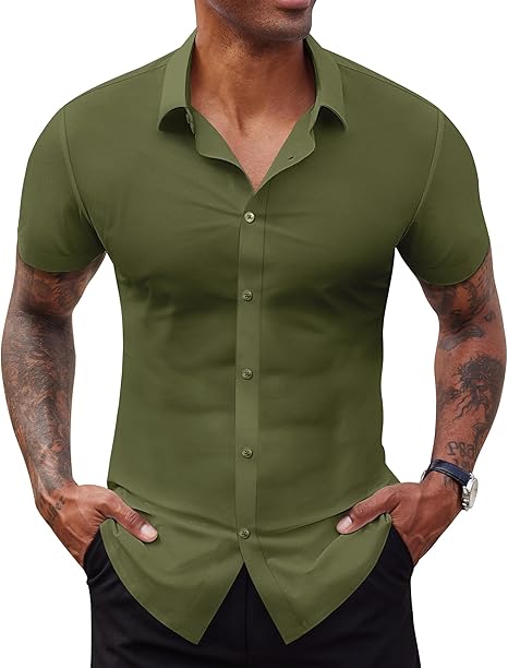 Stretch Dress Shirts for Men Short Sleeve Slim Fit